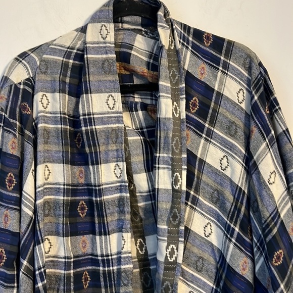 En Creme Blue Blue Plaid Open Front‎ Crinkle Draped Fringe Cardigan M ♣️ - Picture 2 of 6